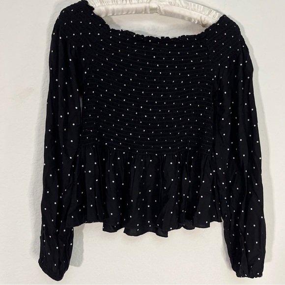 Japna Black Blouse White Polka Dot Off the Shoulder Smocked Long Sleeve Top Sz S - Picture 4 of 8